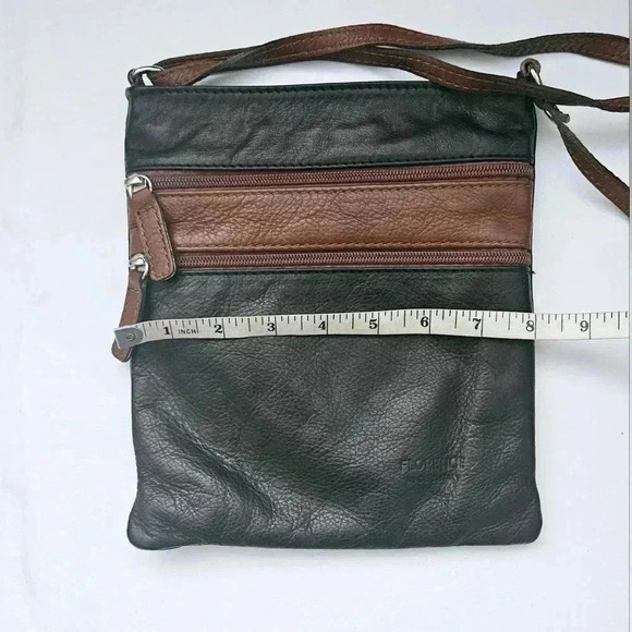 Florence 100% Black & Brown Leather Crossbody Adjustable Strap  Zipper purse - Picture 4 of 9